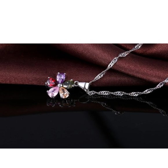 Cute Flower Multi Color 925 Sterling Silver Pendant Earrings And Necklace Set - Picture 4 of 9